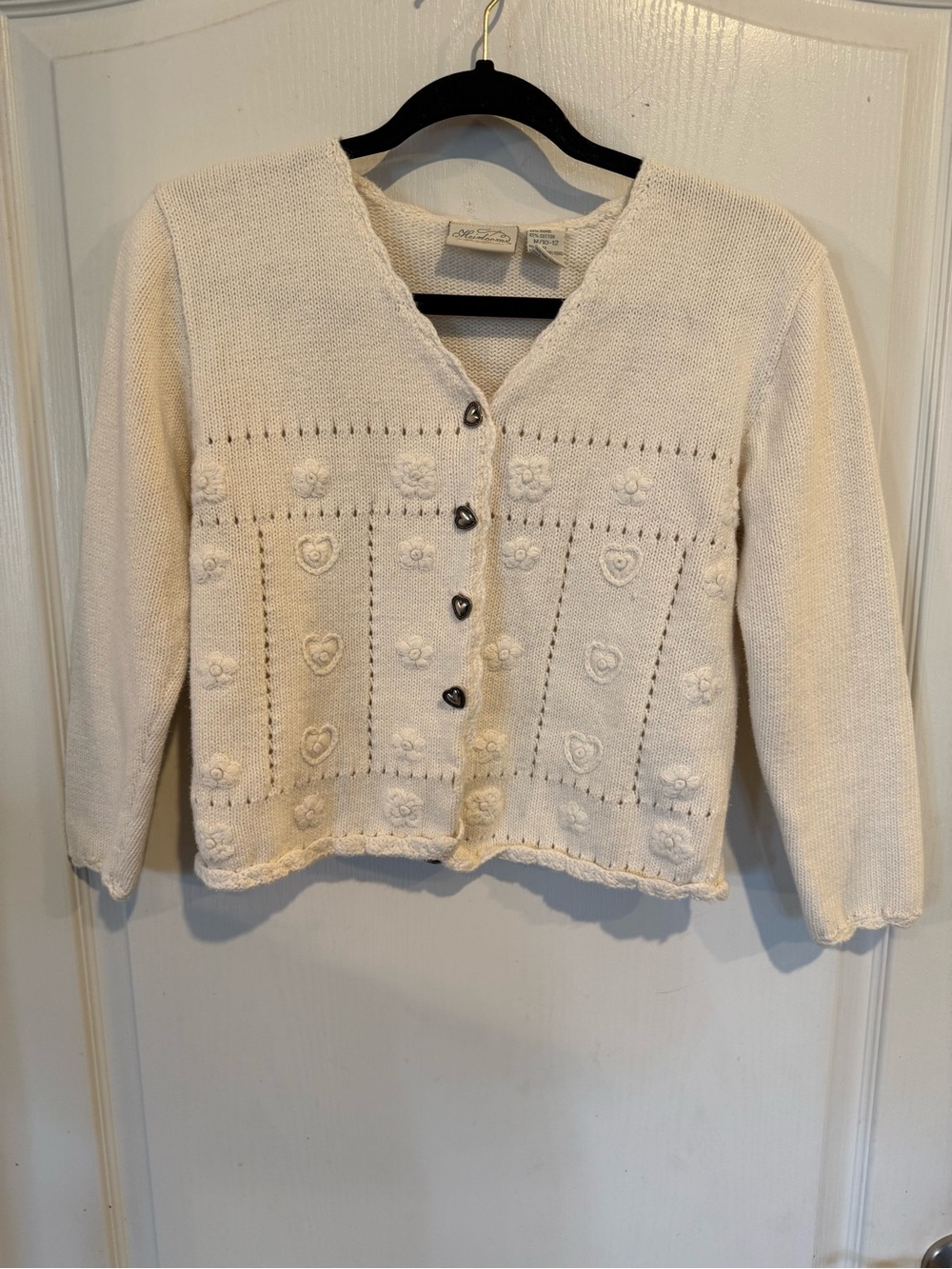 Heirlooms ivory textured button front floral knit vintage 90s cardigan medium